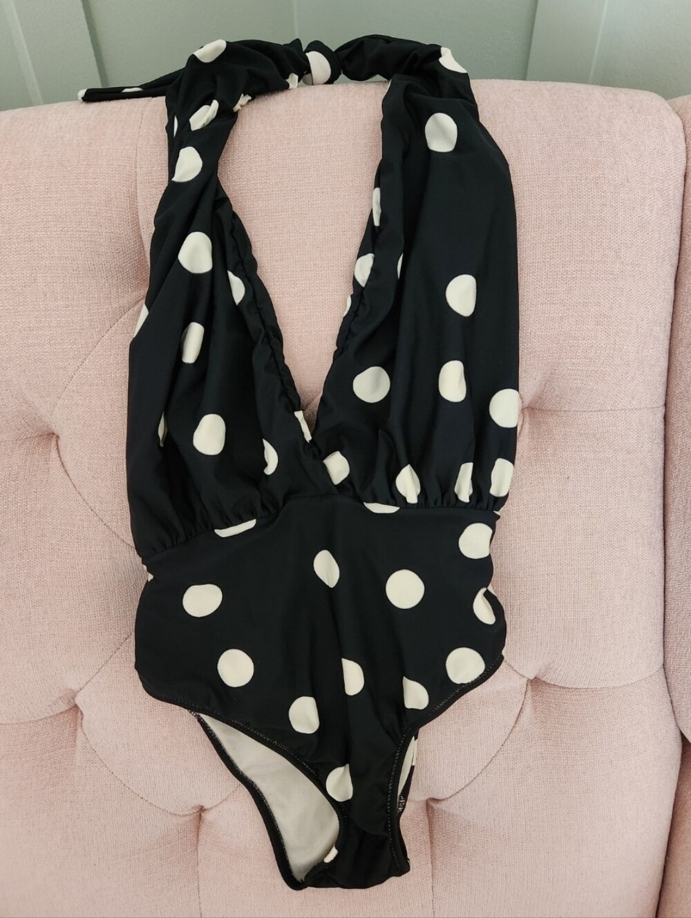 Modcloth Salinas Plunge Black Polka Dot One-Piece Swimsuit Swim Vacation Small